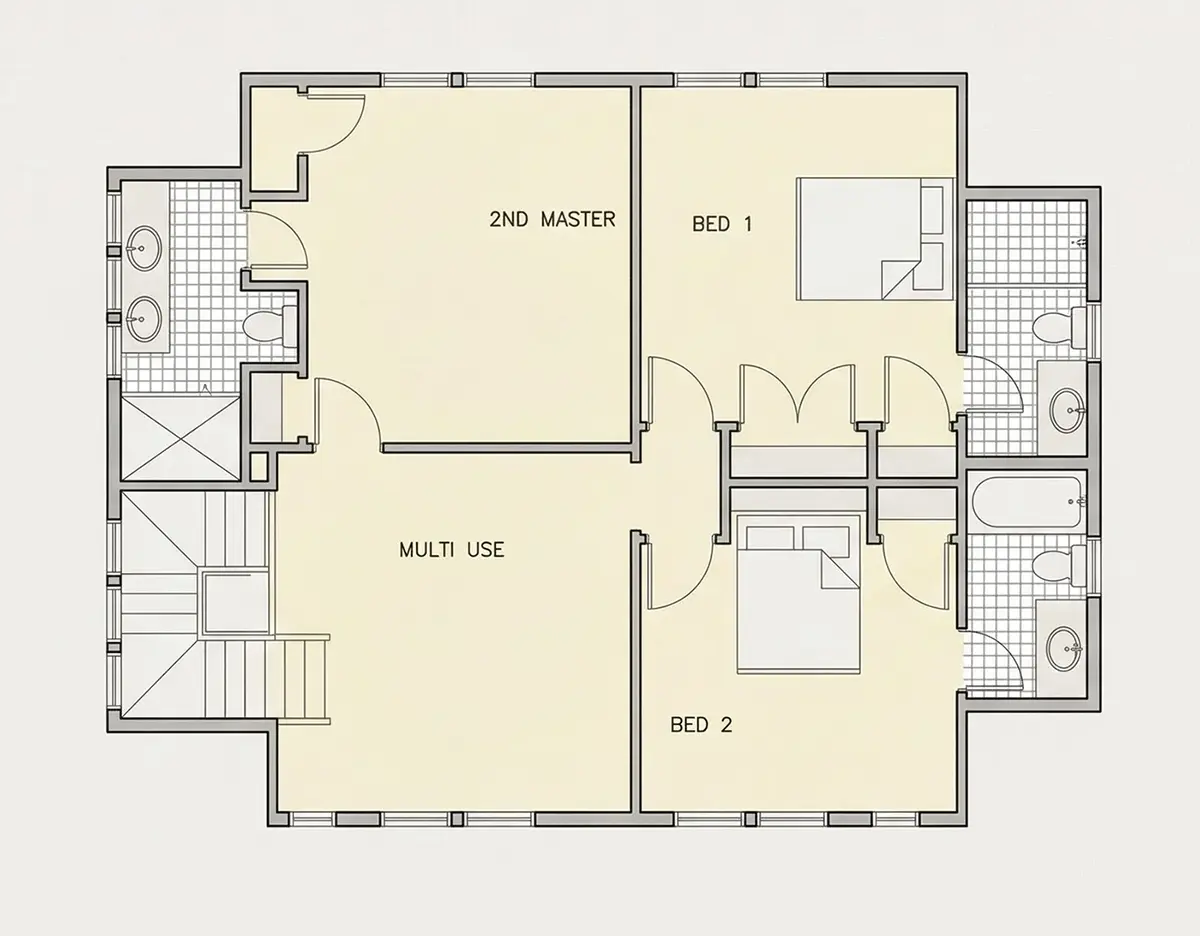 Second Floor 14 – 1.5-Story House Plan 2505 ft²: 4 Beds, 4.5 Baths, Open Floor Plan, 2-Car Garage — 67118R