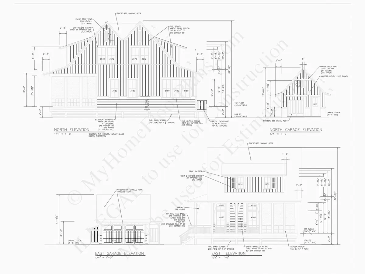 Exterior Elevations 16 – 1.5-Story House Plan 2505 ft²: 4 Beds, 4.5 Baths, Open Floor Plan, 2-Car Garage — 67118R