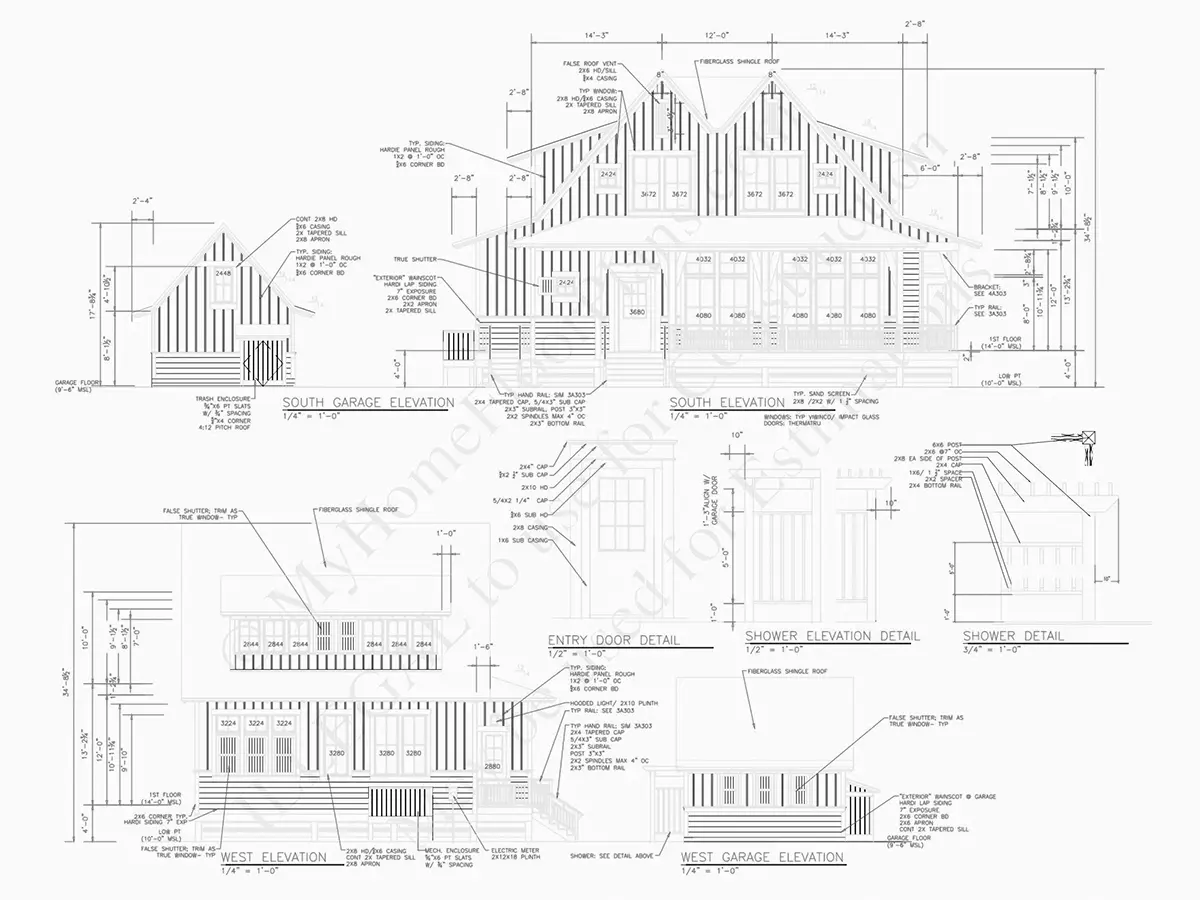 Exterior Elevations 15 – 1.5-Story House Plan 2505 ft²: 4 Beds, 4.5 Baths, Open Floor Plan, 2-Car Garage — 67118R