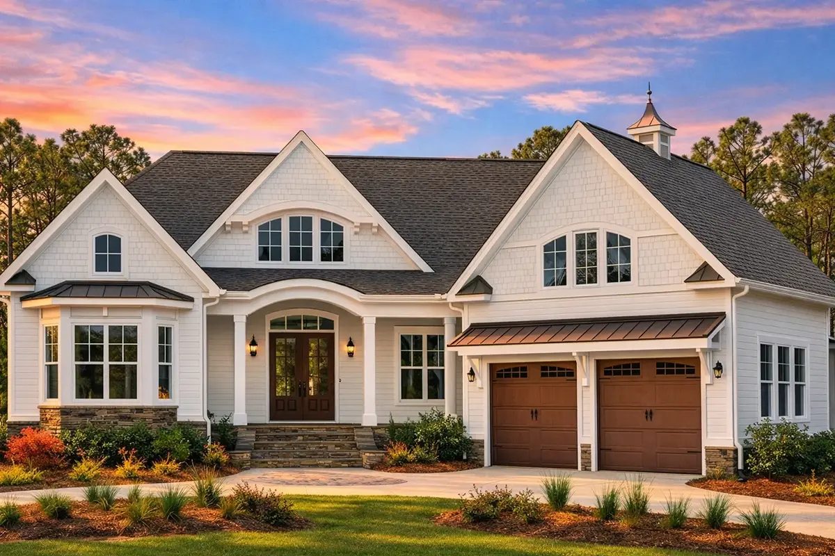 1.5-Story House Plan 3605 ft²: 4 Beds, Home Office, 3.5 Baths, Open Floor Plan, 2-Car Garage