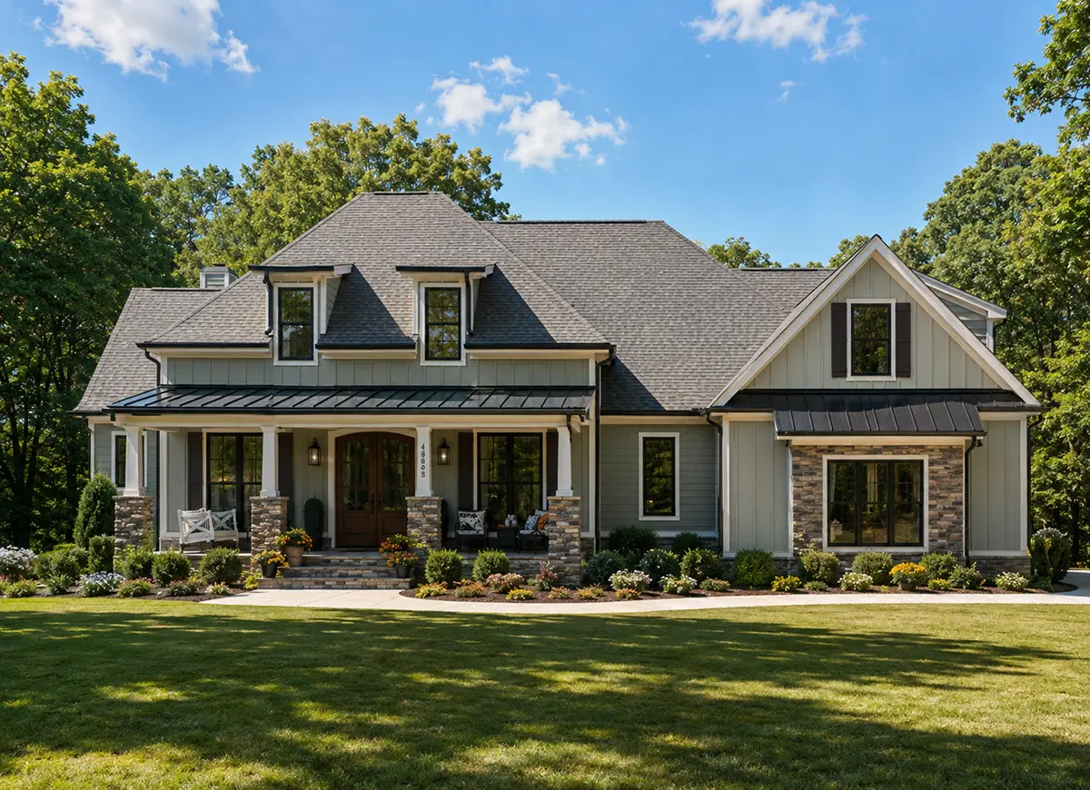 1.5-Story House Plan 3412 ft²: 4 Beds, Home Office, 3.5 Baths, Open Floor Plan, 2-Car Garage