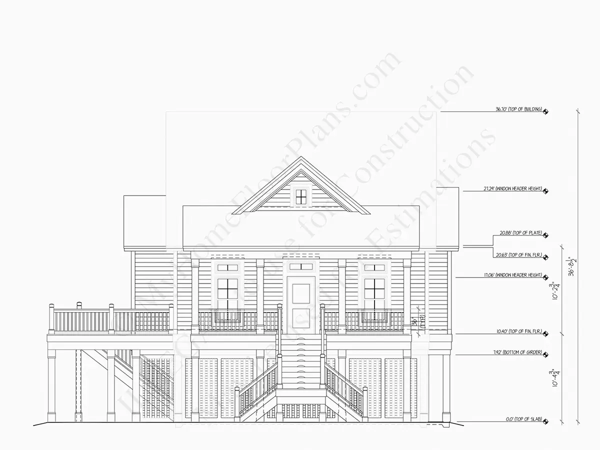 Exterior Elevations 12 – 3-Story House Plan 2197 ft²: 3 Beds, 3 Baths, without Garage — 44908R