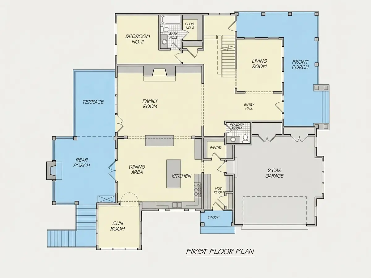 Main Floor 33 – 2-Story House Plan with Basement 6776 ft²: 6 Beds, 5.5 Baths, Open Floor Plan, 2-Car Garage — 59624R