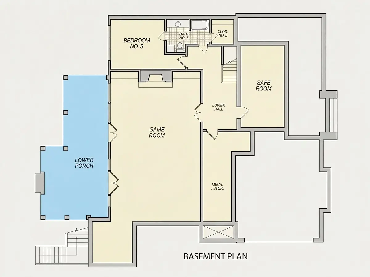 Basement 32 – 2-Story House Plan with Basement 6776 ft²: 6 Beds, 5.5 Baths, Open Floor Plan, 2-Car Garage — 59624R