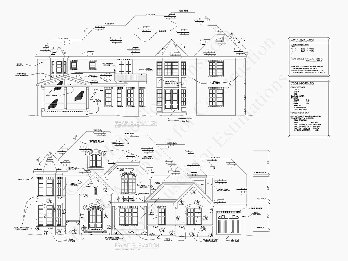 Exterior Elevations 19 – 3-Story House Plan 5355 ft²: 5 Beds, Home Office, 5.5 Baths, 3-Car Garage — 85576R