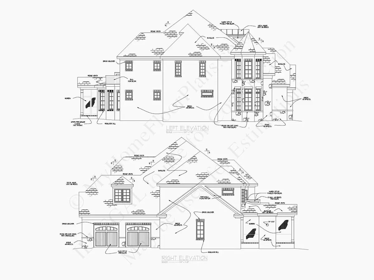 Exterior Elevations 20 – 3-Story House Plan 5355 ft²: 5 Beds, Home Office, 5.5 Baths, 3-Car Garage — 85576R