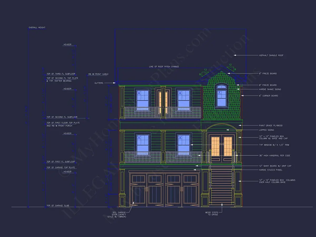 Exterior Elevations 20 – 3-Story House Plan 4005 ft²: 3 Beds, 4 Baths, Open Floor Plan, 2-Car Garage — 58990R