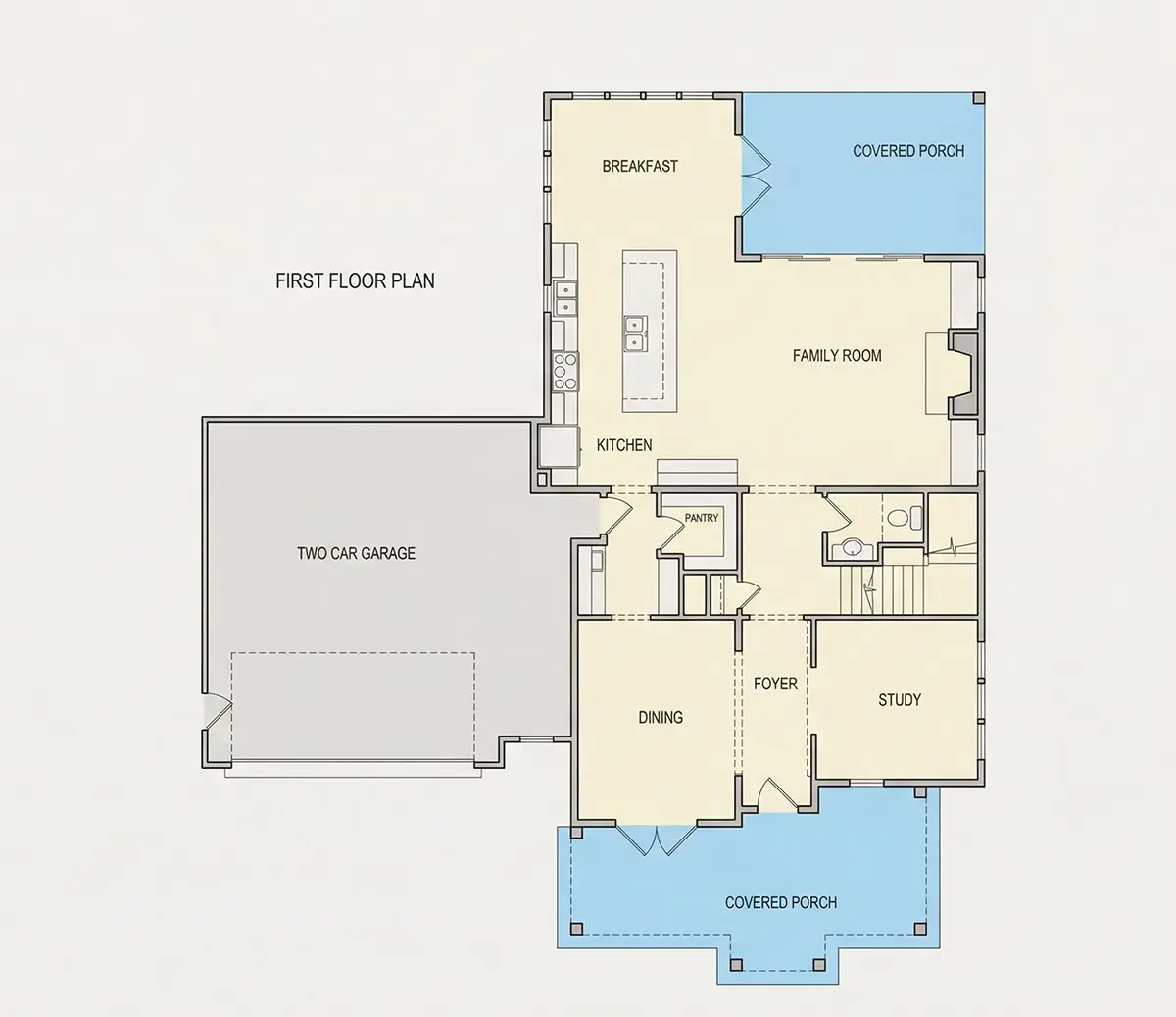 Main Floor 22 – 2-Story House Plan 3154 ft²: 3 Beds, Home Office, 3.5 Baths, Open Floor Plan, 2-Car Garage — 21252R