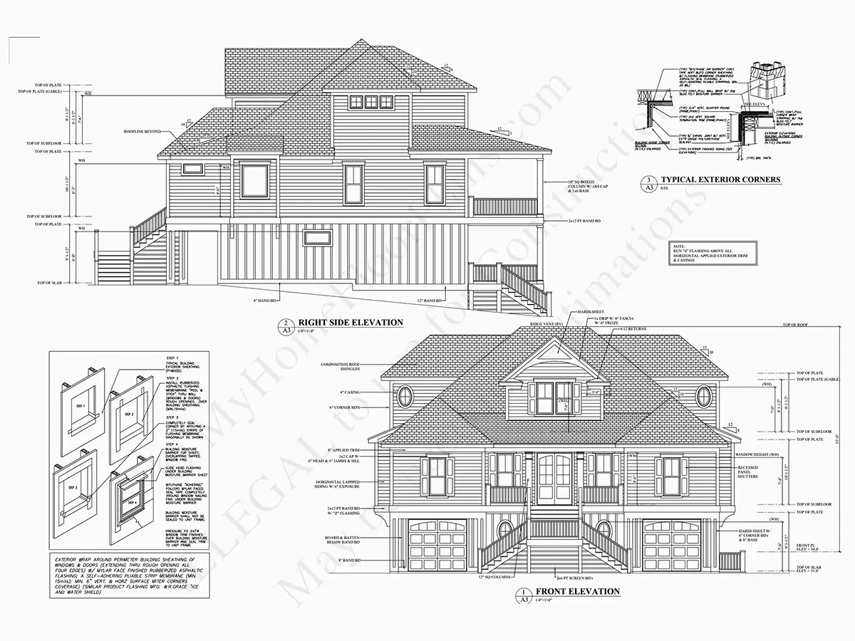 Exterior Elevations 6 – 3-Story House Plan 4670 ft²: 4 Beds, Home Office, 3.5 Baths, Open Floor Plan, 2-Car Garage — 92833R