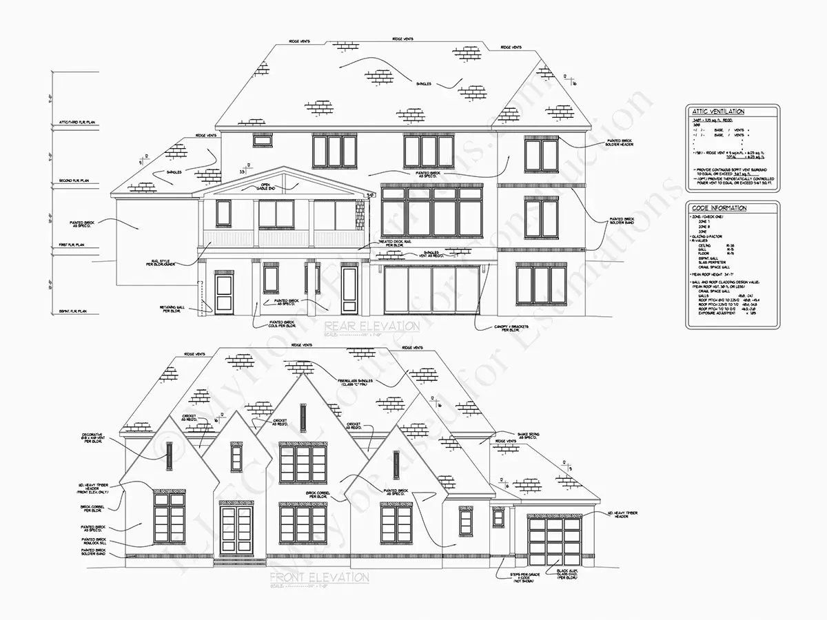Exterior Elevations 22 – 2-Story House Plan with Basement 6450 ft²: 6 Beds, Home Office, 6.5 Baths, Open Floor Plan, 3-Car Garage — 36963R