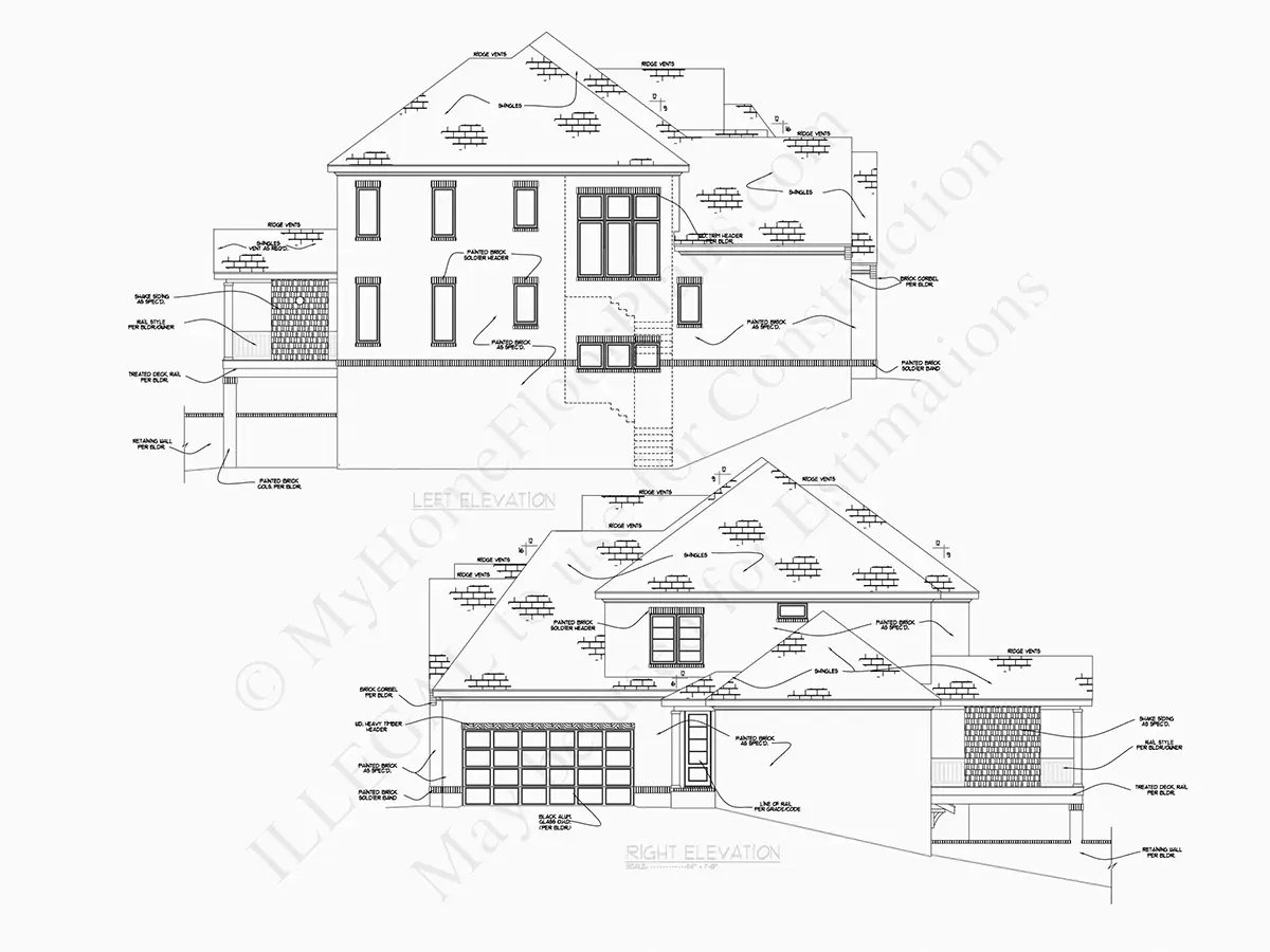 Exterior Elevations 23 – 2-Story House Plan with Basement 6450 ft²: 6 Beds, Home Office, 6.5 Baths, Open Floor Plan, 3-Car Garage — 36963R