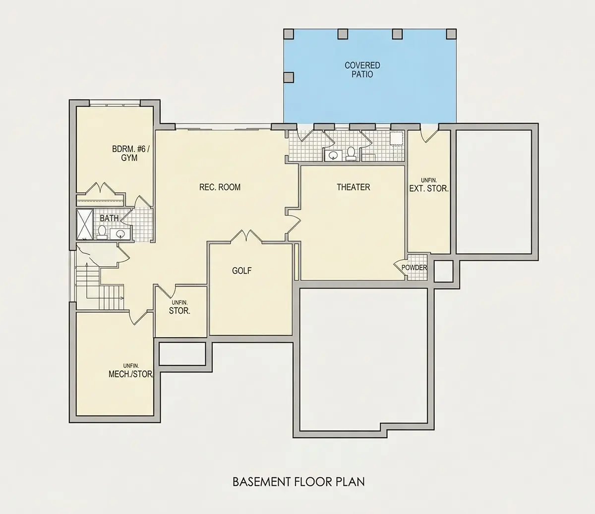 Basement 24 – 2-Story House Plan with Basement 6450 ft²: 6 Beds, Home Office, 6.5 Baths, Open Floor Plan, 3-Car Garage — 36963R