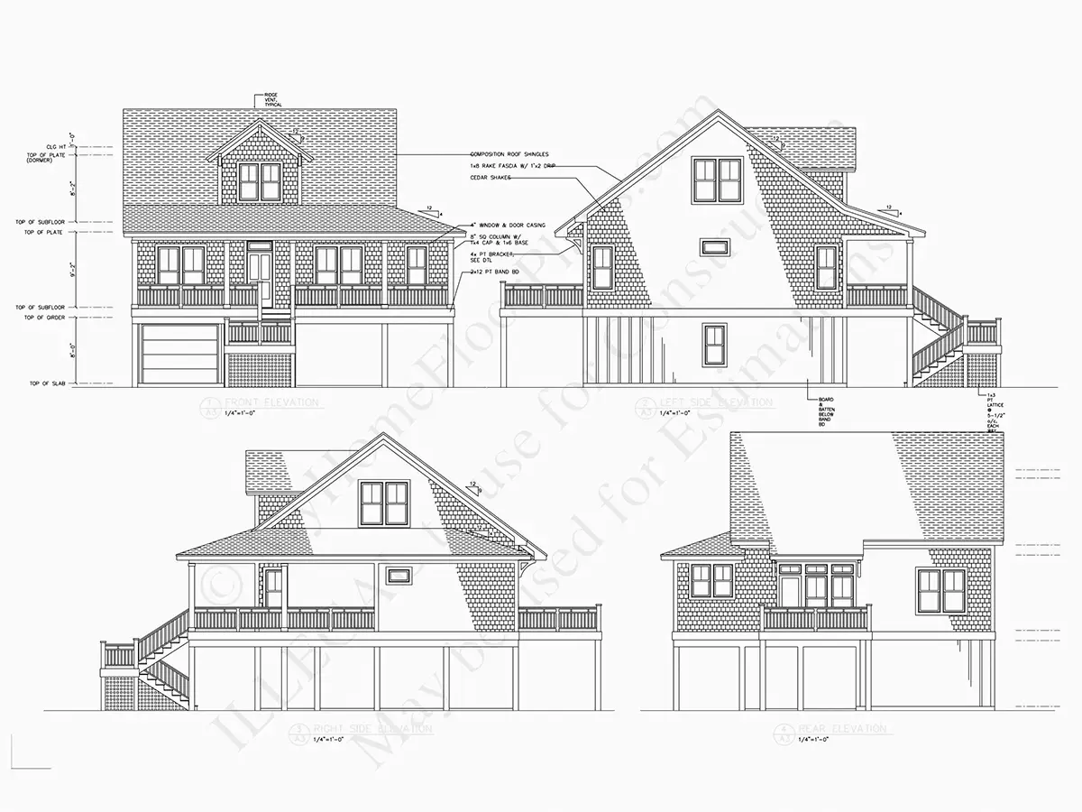 Exterior Elevations 7 – 3-Story House Plan 1704 ft²: 3 Beds, Home Office, 2 Baths, Open Floor Plan, 2-Car Garage — 92700R