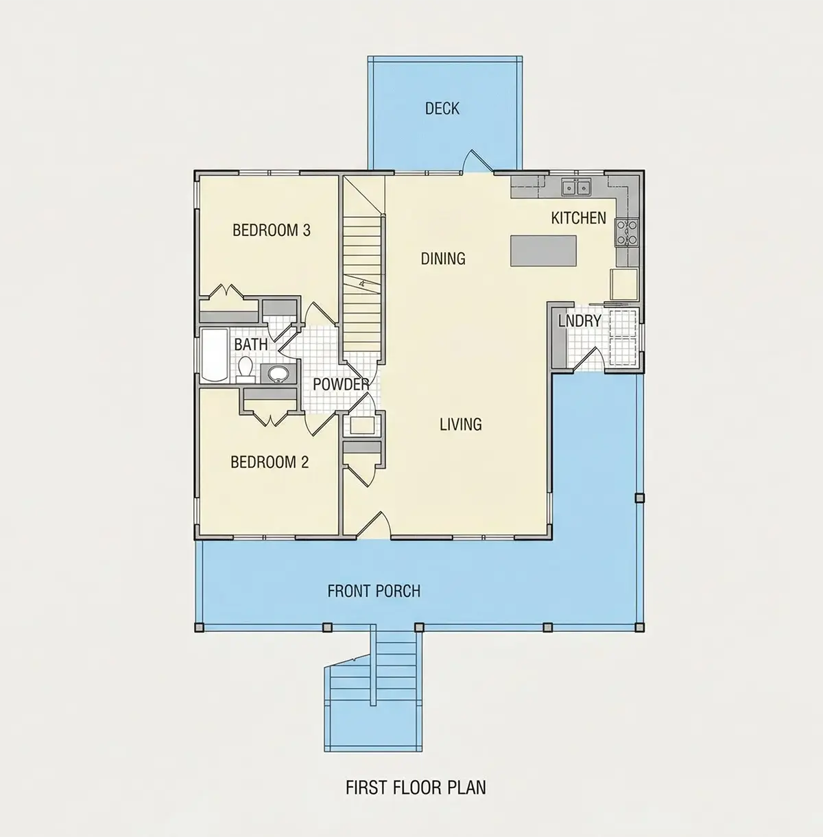 Main Floor 9 – 3-Story House Plan 1704 ft²: 3 Beds, Home Office, 2 Baths, Open Floor Plan, 2-Car Garage — 92700R