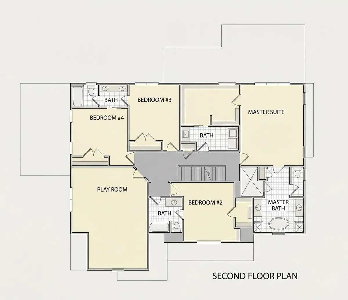 Second Floor 9 – 3-Story House Plan 4001 ft²: 5 Beds, Home Office, 5.5 Baths, Open Floor Plan, 3-Car Garage — 29445R