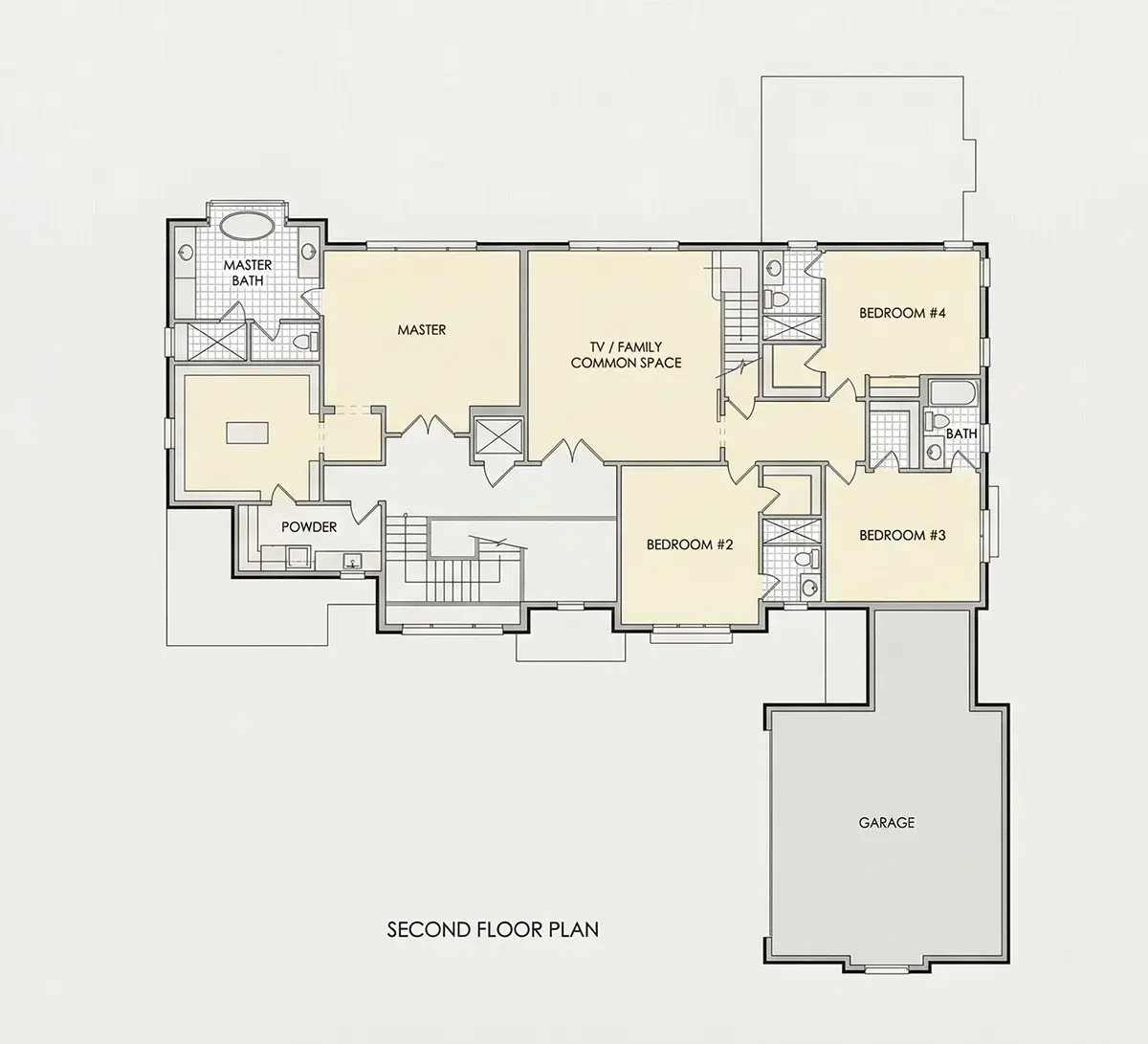 Second Floor 21 – 3-Story House Plan 5200 ft²: 5 Beds, Home Office, 5.5 Baths, Open Floor Plan, 2-Car Garage — 82660R