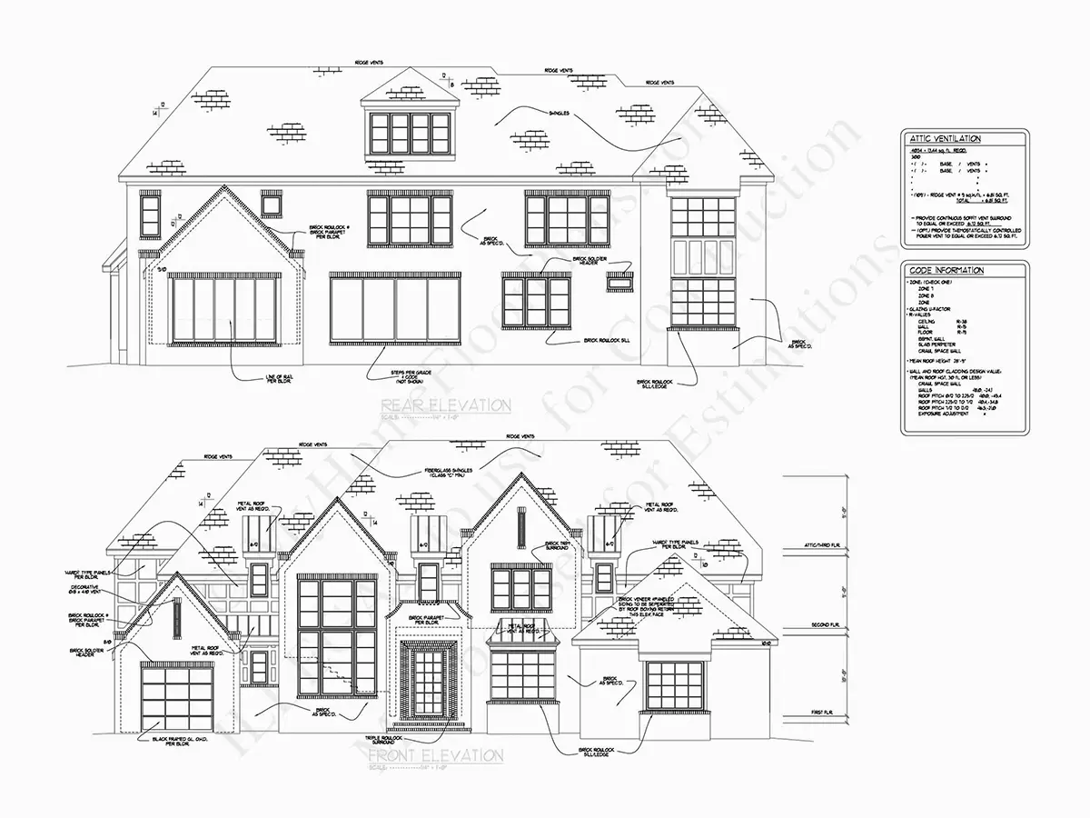 Exterior Elevations 18 – 3-Story House Plan 5200 ft²: 5 Beds, Home Office, 5.5 Baths, Open Floor Plan, 2-Car Garage — 82660R