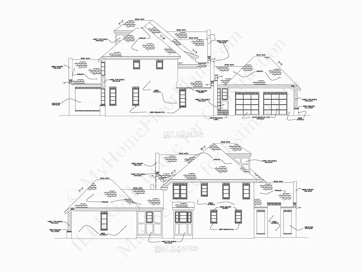 Exterior Elevations 19 – 3-Story House Plan 5200 ft²: 5 Beds, Home Office, 5.5 Baths, Open Floor Plan, 2-Car Garage — 82660R