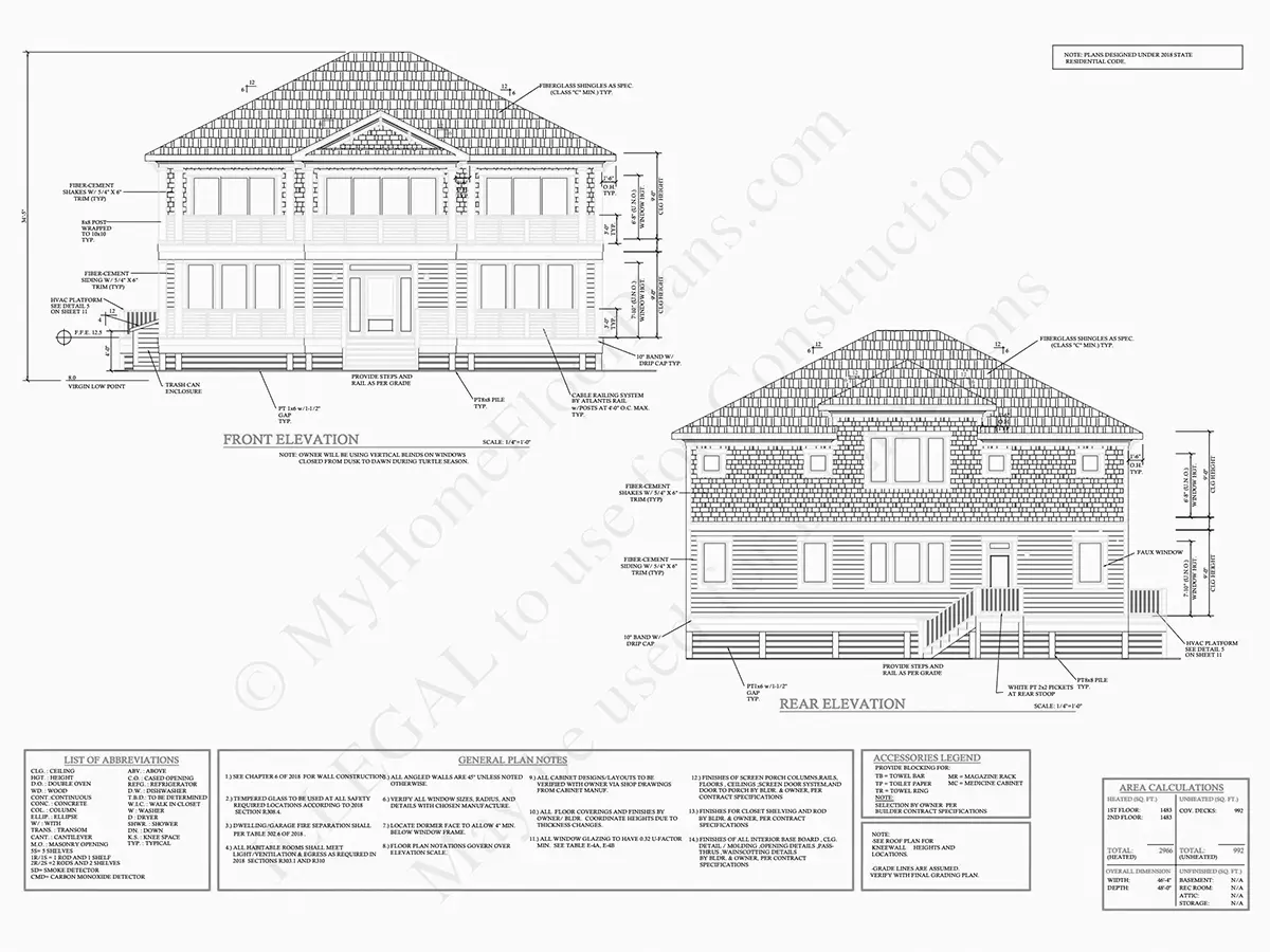 Exterior Elevations 23 – 2-Story House Plan 2966 ft²: 4 Beds, 4.5 Baths, 3-Car Garage — 10386R