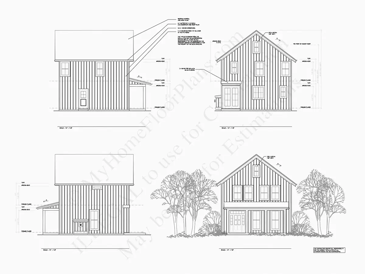 Exterior Elevations 5 – 2-Story House Plan 1394 ft²: 3 Beds, 2.5 Baths, Open Floor Plan, without Garage — 79238R