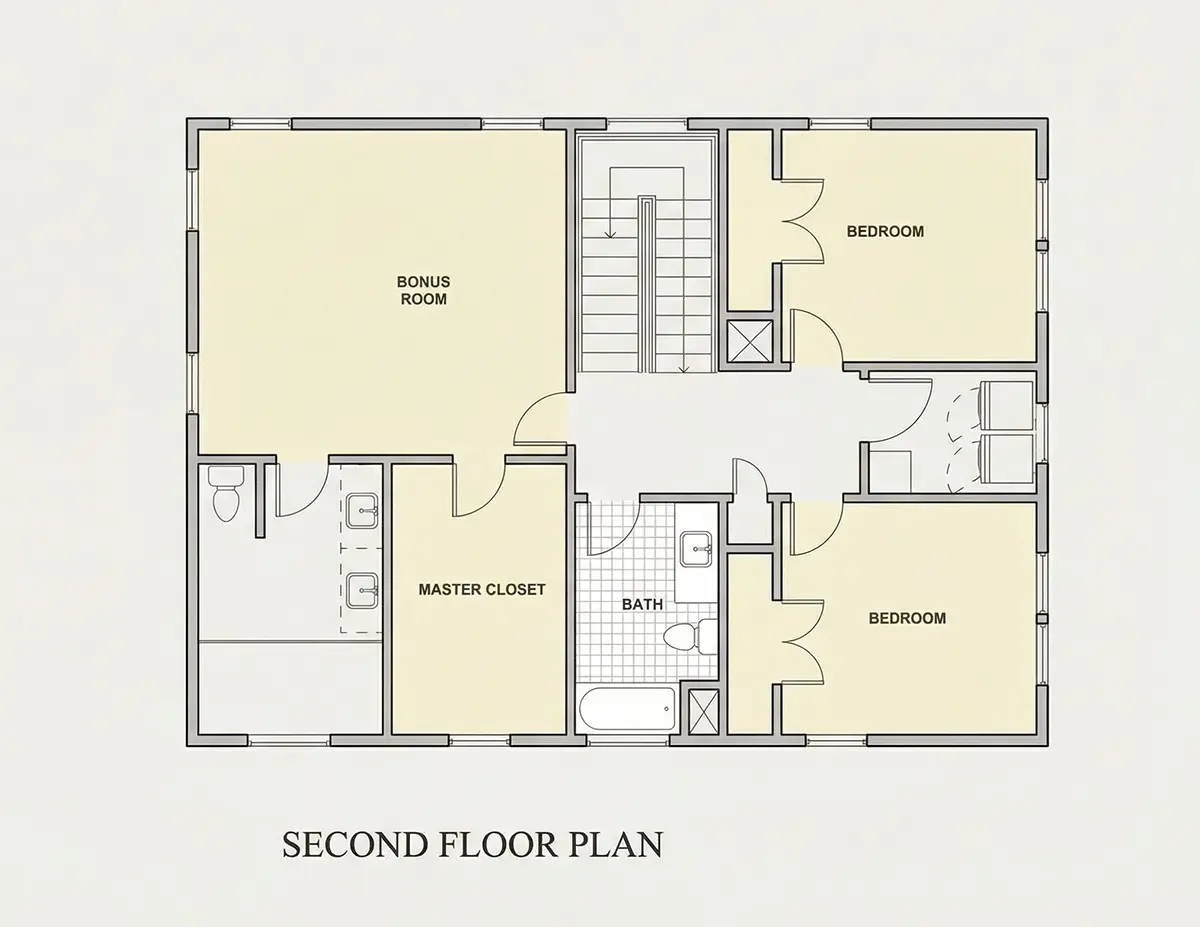 Second Floor 24 – 2-Story House Plan 2649 ft²: 3 Beds, Home Office, 3 Baths, Open Floor Plan, without Garage — 39006R