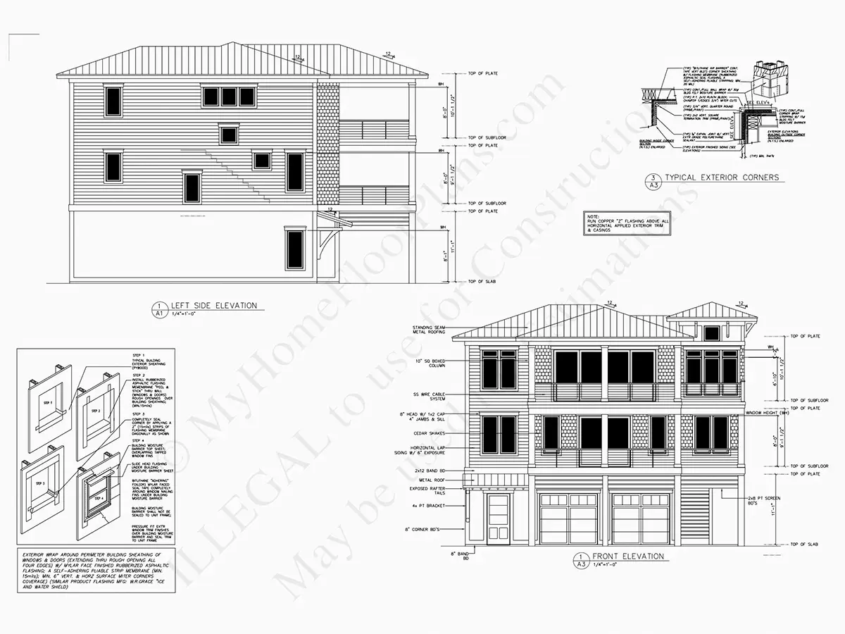 Exterior Elevations 7 – 3-Story House Plan 3315 ft²: 4 Beds, 4.5 Baths, Open Floor Plan, 2-Car Garage — 90946R