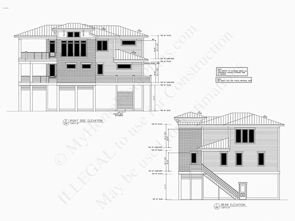 Exterior Elevations 8 – 3-Story House Plan 3315 ft²: 4 Beds, 4.5 Baths, Open Floor Plan, 2-Car Garage — 90946R