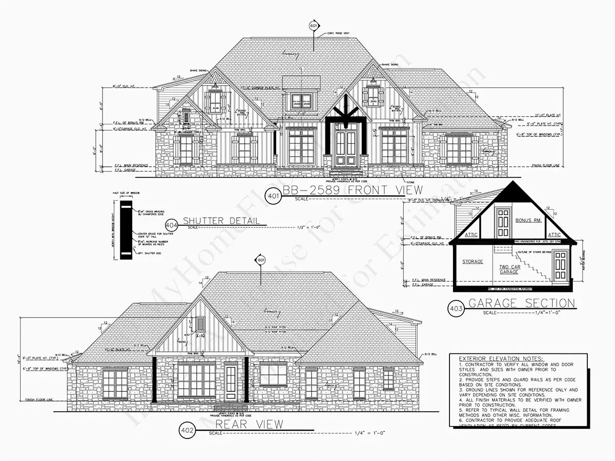 Exterior Elevations 16 – 1.5-Story House Plan 2589 ft²: 4 Beds, 3.5 Baths, Open Floor Plan, 2-Car Garage — 14691R