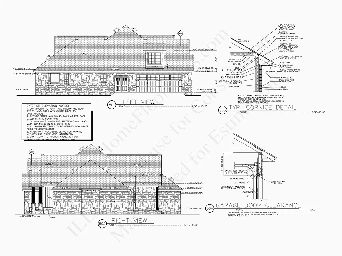 Exterior Elevations 17 – 1.5-Story House Plan 2589 ft²: 4 Beds, 3.5 Baths, Open Floor Plan, 2-Car Garage — 14691R