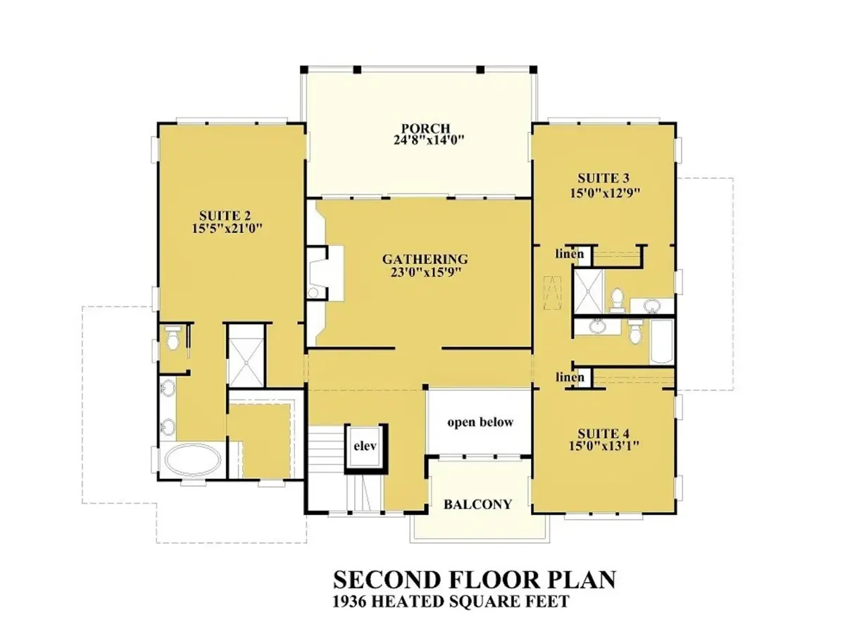 Second Floor 10 – 3-Story House Plan 6164 ft²: 4 Beds, 5.5 Baths, Open Floor Plan, 4-Car Garage — 90915R