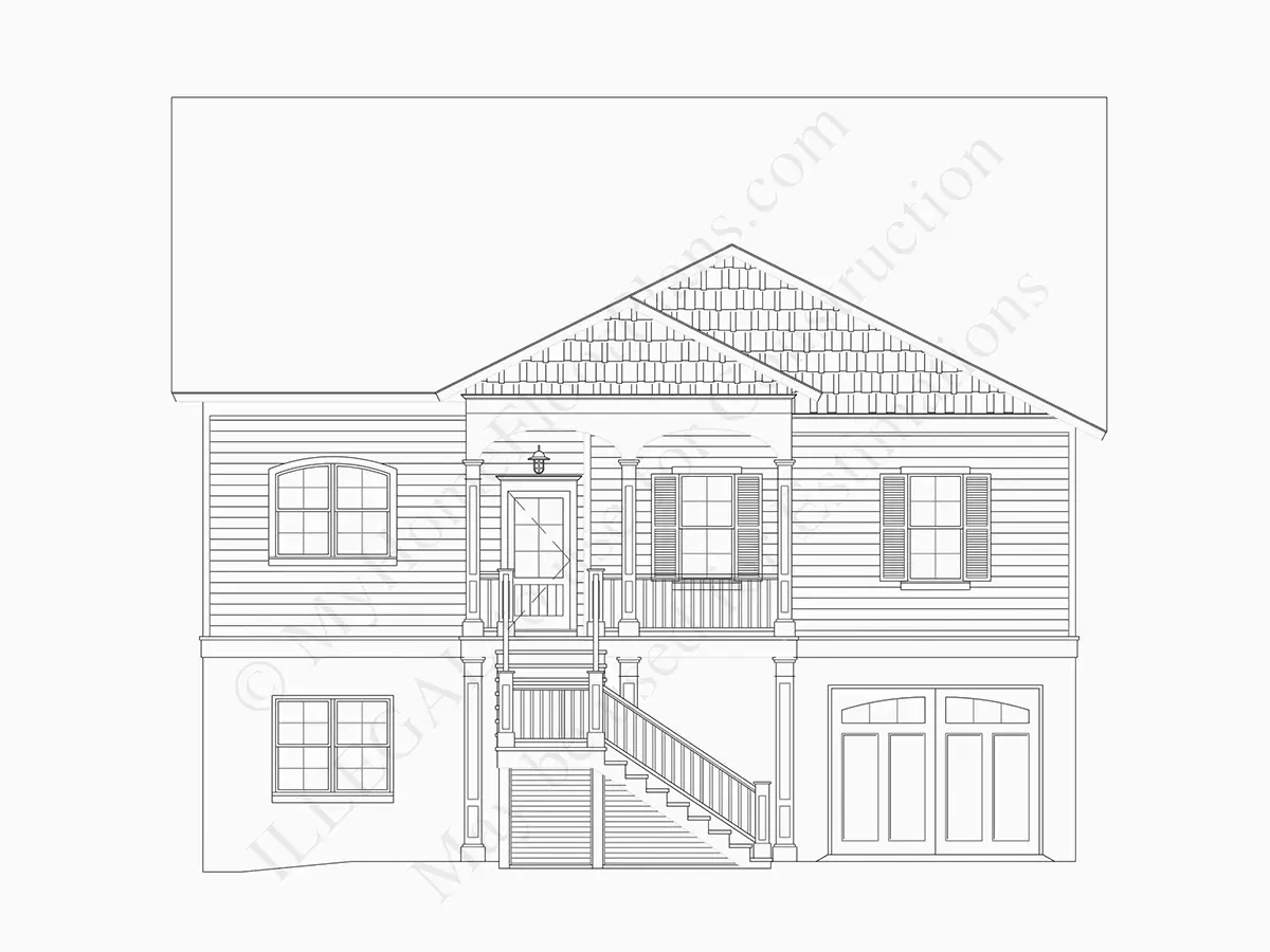 Exterior Elevations 5 – 3-Story House Plan 2696 ft²: 4 Beds, 3 Baths, Open Floor Plan, 2-Car Garage — 25020R