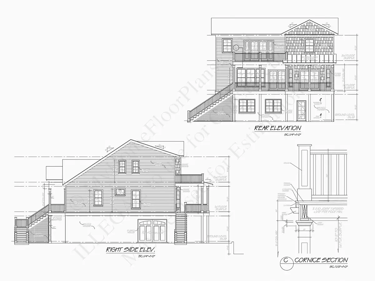 Exterior Elevations 7 – 3-Story House Plan 2696 ft²: 4 Beds, 3 Baths, Open Floor Plan, 2-Car Garage — 25020R