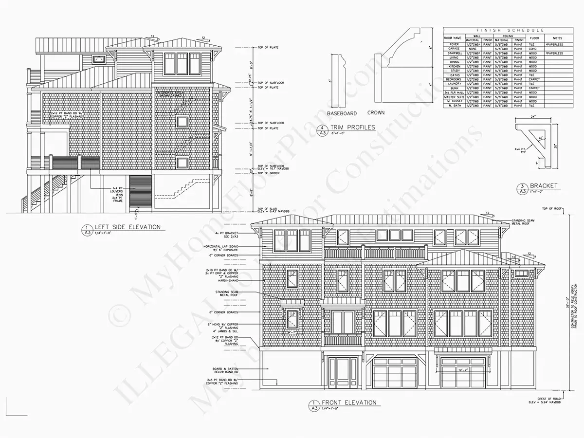 Exterior Elevations 9 – 3-Story House Plan 2295 ft²: 4 Beds, Home Office, 5.5 Baths, Open Floor Plan, 2-Car Garage — 89404R