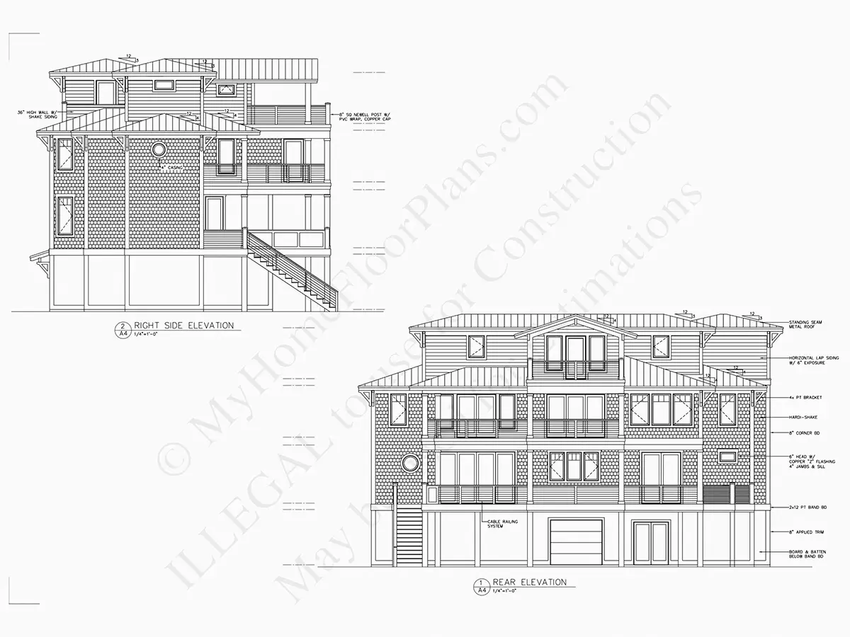 Exterior Elevations 10 – 3-Story House Plan 2295 ft²: 4 Beds, Home Office, 5.5 Baths, Open Floor Plan, 2-Car Garage — 89404R