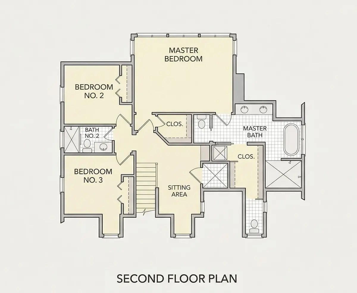 Second Floor 26 – 3-Story House Plan 3021 ft²: 3 Beds, 3 Baths, Open Floor Plan, 4-Car Garage — 89558R