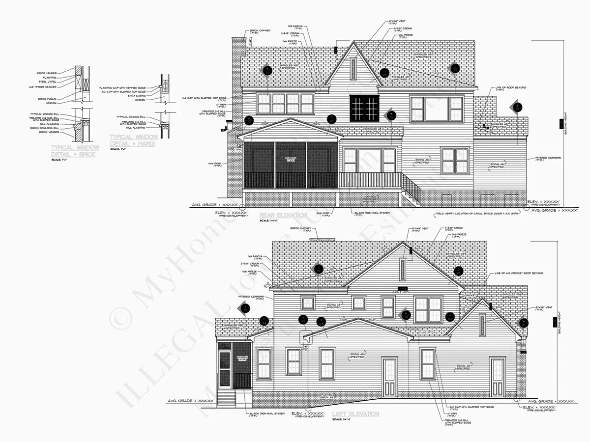 Exterior Elevations 11 – 2-Story House Plan 3590 ft²: 4 Beds, Home Office, 4.5 Baths, Open Floor Plan, 2-Car Garage — 74831R