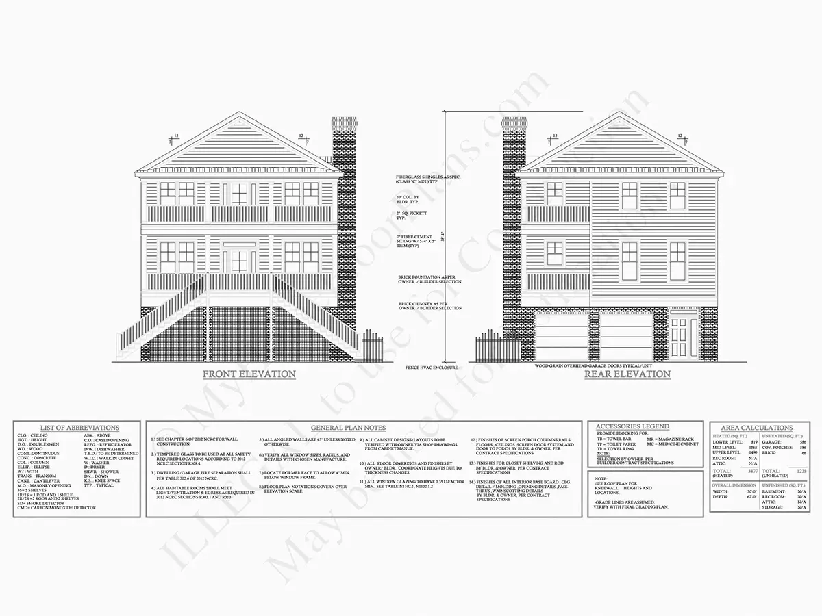 Exterior Elevations 7 – 3-Story House Plan 3877 ft²: 6 Beds, 5 Baths, Open Floor Plan, 2-Car Garage — 57962R