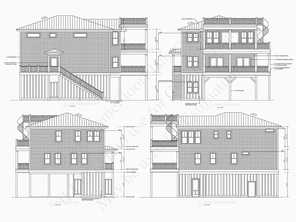 Exterior Elevations 6 – 3-Story House Plan 6098 ft²: 6 Beds, Home Office, 3.5 Baths, Open Floor Plan, 4-Car Garage — 55440R