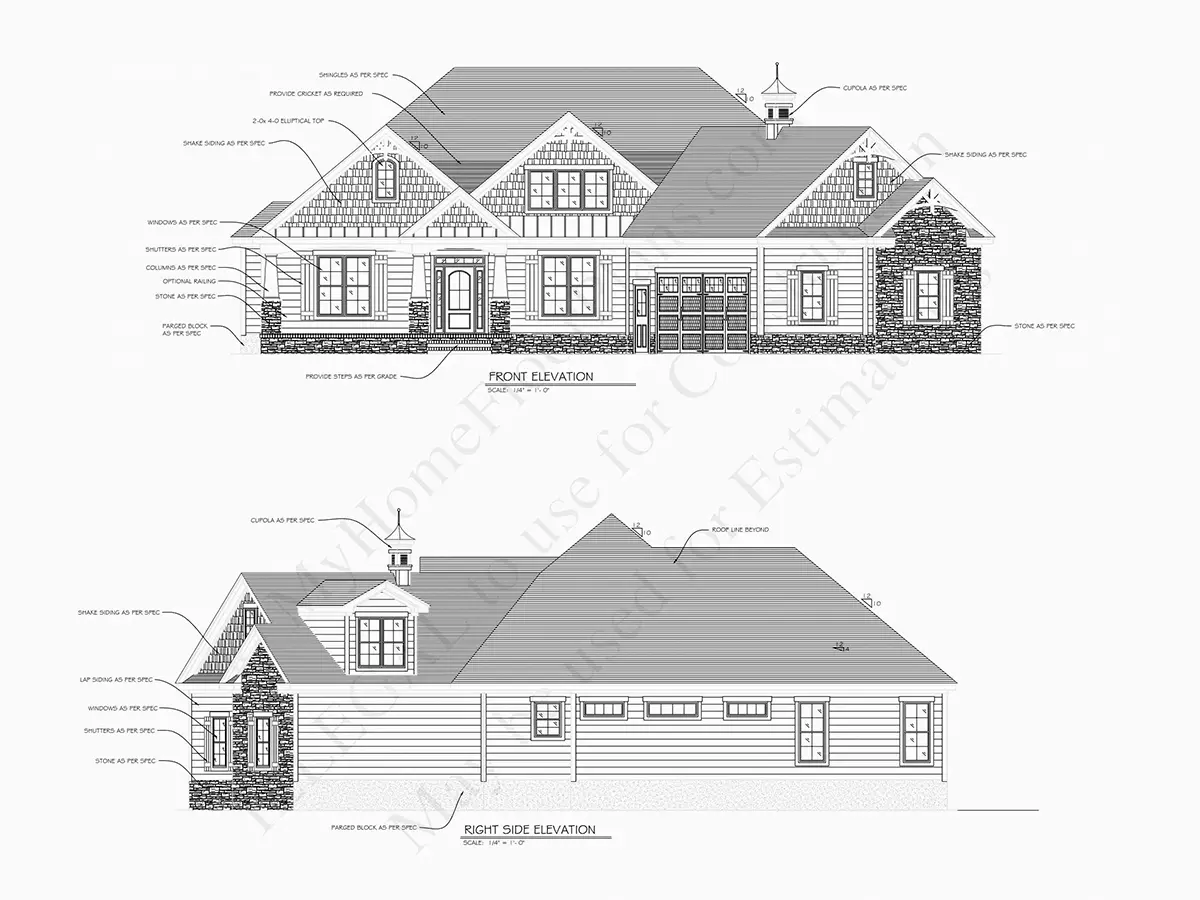 Exterior Elevations 23 – 1.5-Story House Plan 3783 ft²: 3 Beds, Home Office, 3.5 Baths, Open Floor Plan, 2-Car Garage — 29718R