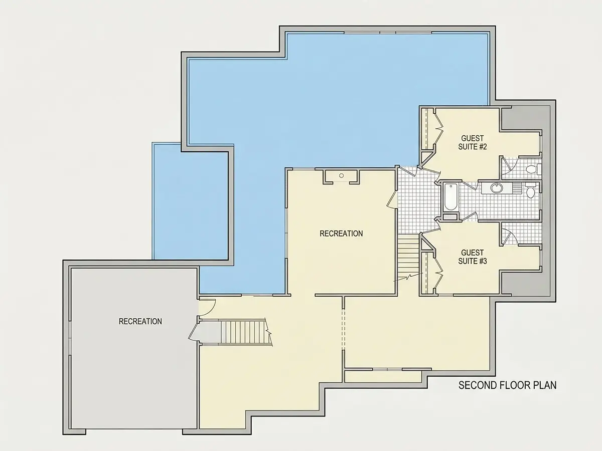 Second Floor 11 – 1.5-Story House Plan 3215 ft²: 4 Beds, Home Office, 3.5 Baths, Open Floor Plan, 3-Car Garage — 28129R