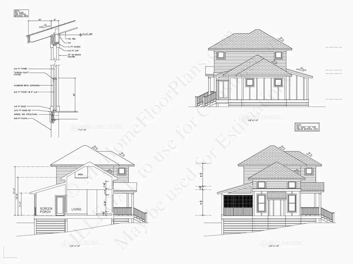 Exterior Elevations 20 – 2-Story House Plan 1706 ft²: 4 Beds, Home Office, 4 Baths, Open Floor Plan, 1-Car Garage — 78159R