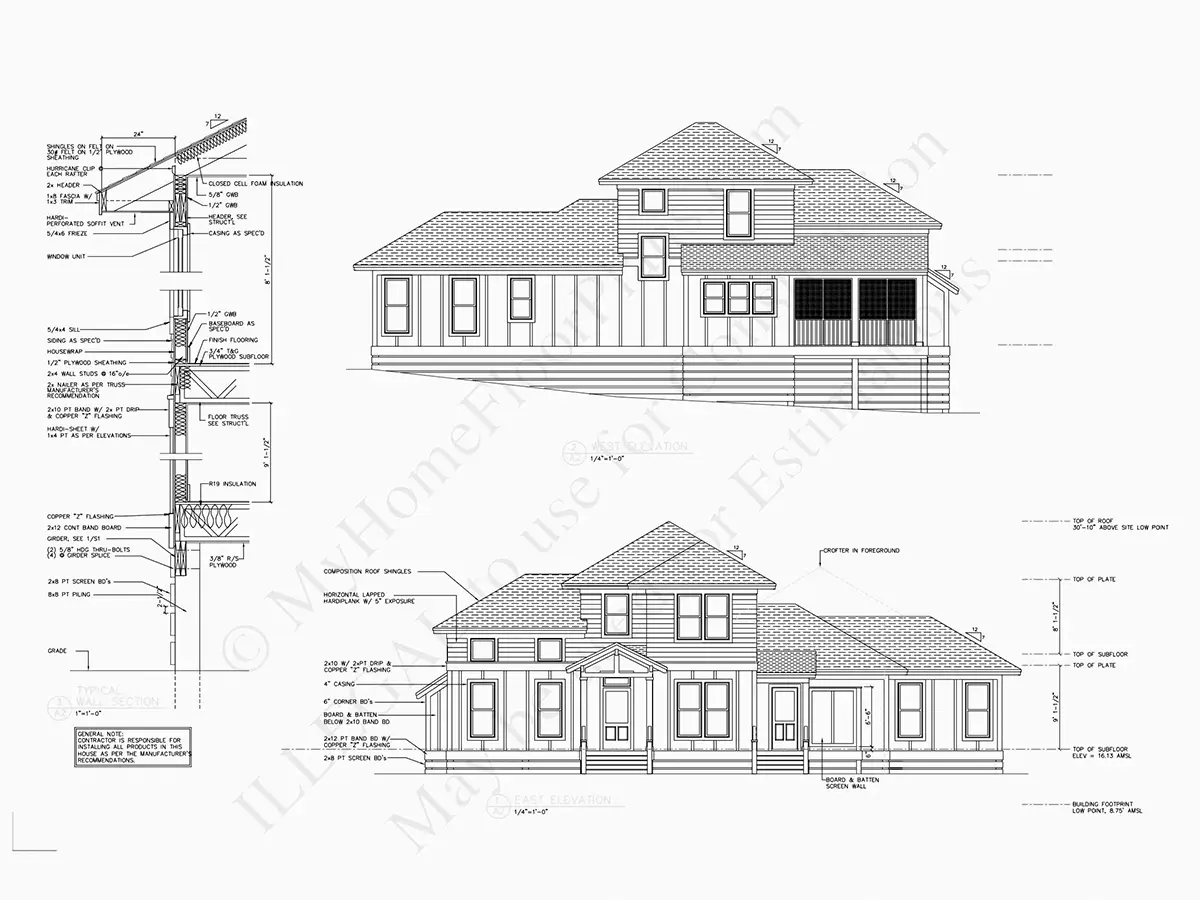 Exterior Elevations 19 – 2-Story House Plan 1706 ft²: 4 Beds, Home Office, 4 Baths, Open Floor Plan, 1-Car Garage — 78159R