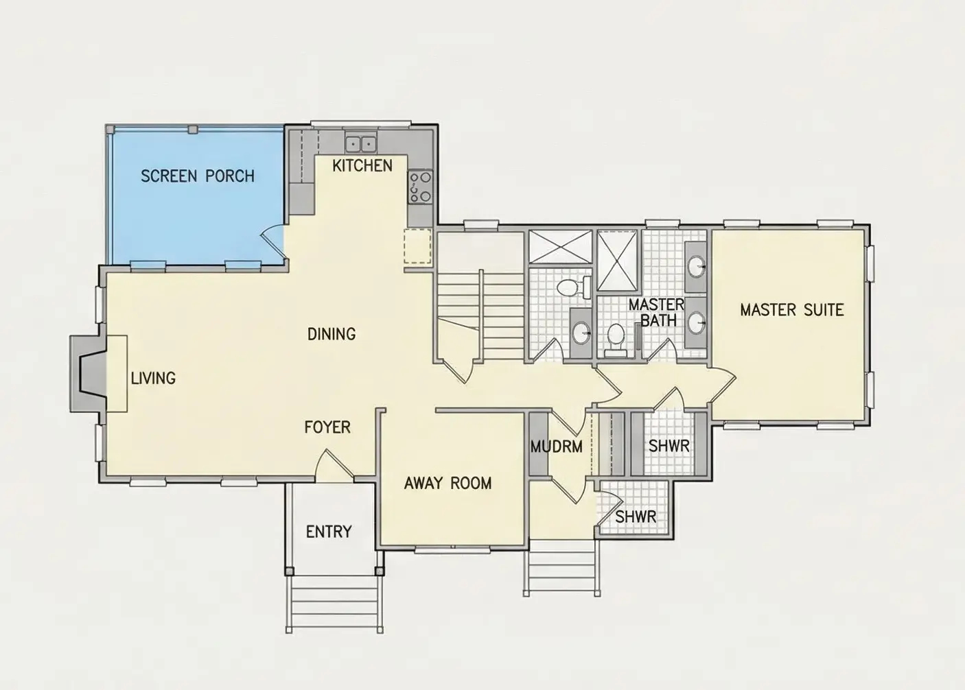 Main Floor 22 – 2-Story House Plan 1706 ft²: 4 Beds, Home Office, 4 Baths, Open Floor Plan, 1-Car Garage — 78159R