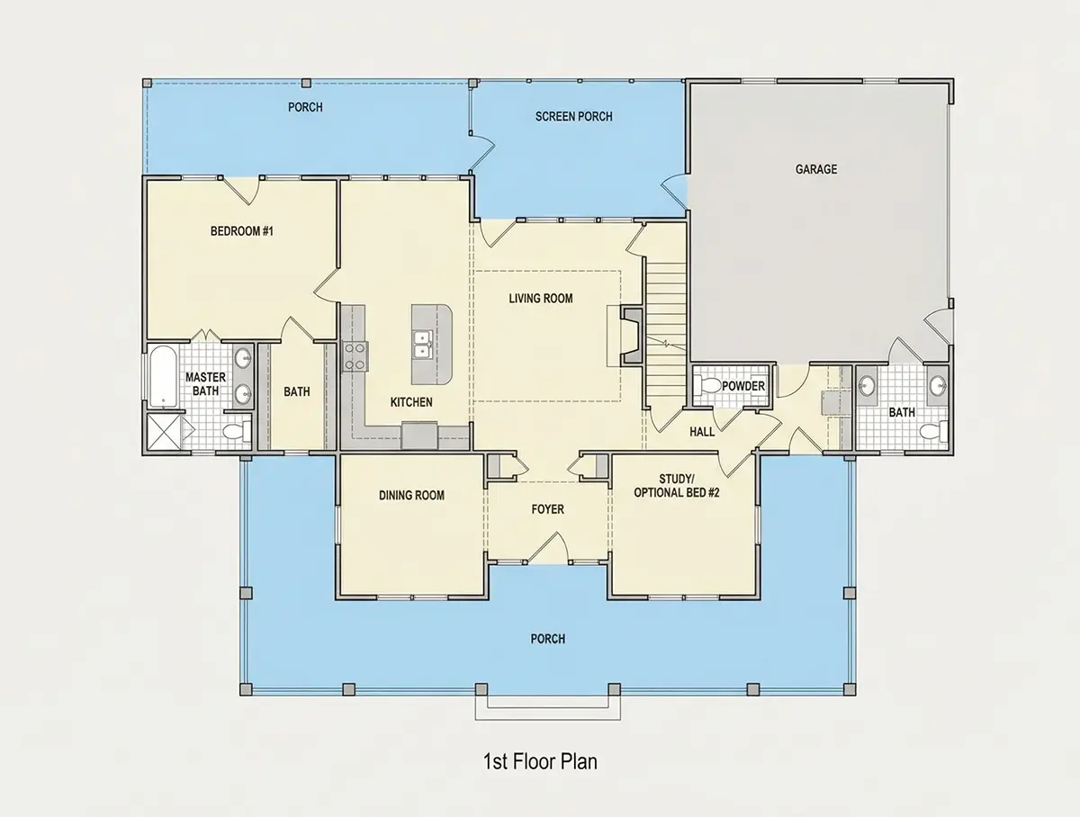 Main Floor 9 – 2-Story House Plan 1980 ft²: 3 Beds, Home Office, 3.5 Baths, Open Floor Plan, 2-Car Garage — 71974R