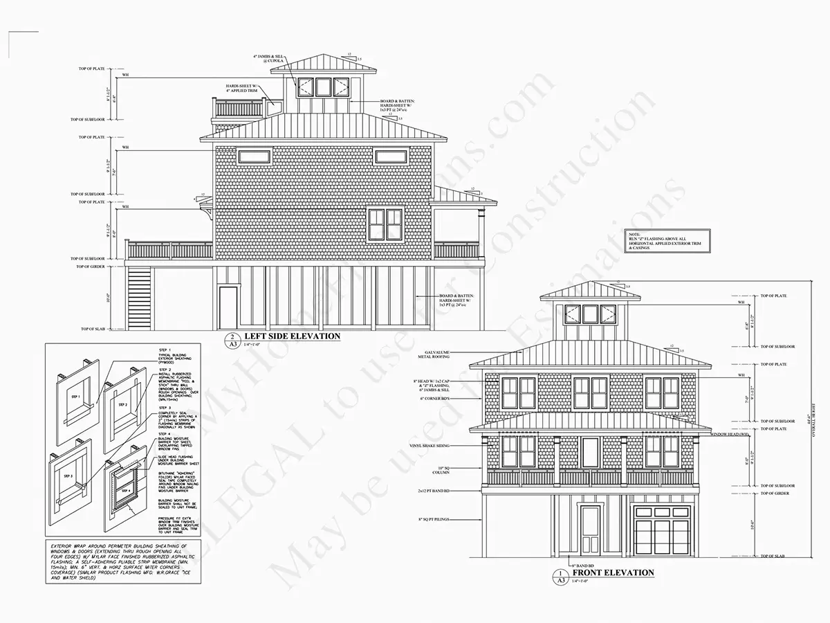 Exterior Elevations 5 – 3-Story House Plan 2722 ft²: 4 Beds, 3.5 Baths, Open Floor Plan, without Garage — 32819R