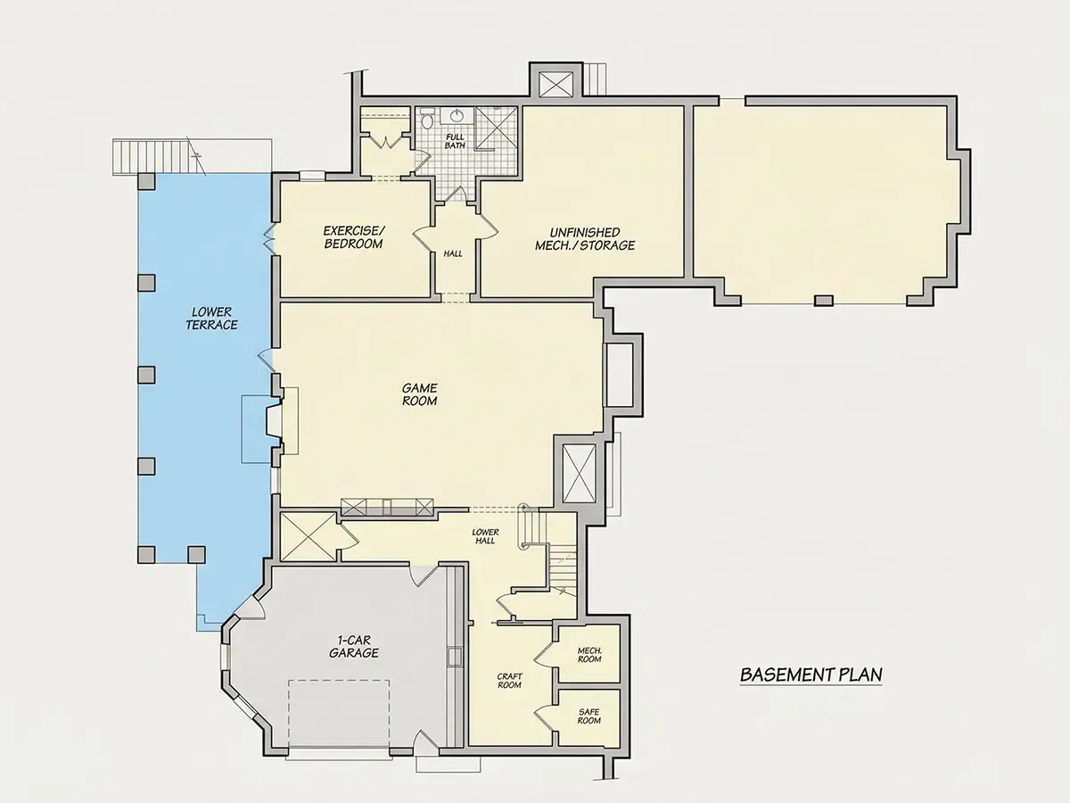 Basement 9 – 1.5-Story House Plan with Basement 4547 ft²: 3 Beds, Home Office, 4 Baths, Open Floor Plan, 3-Car Garage — 77707R