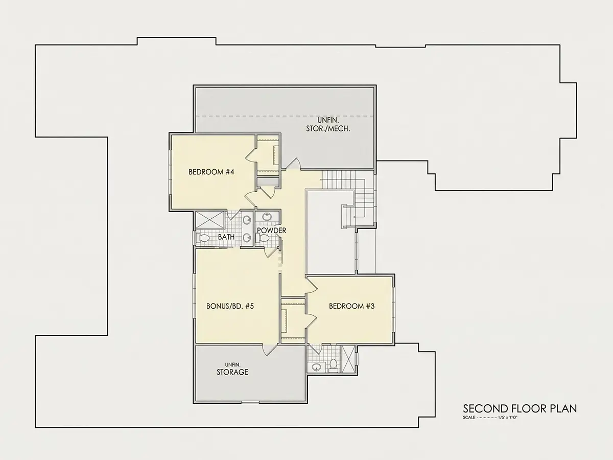 Second Floor 24 – 1.5-Story House Plan 4295 ft²: 5 Beds, Home Office, 5.5 Baths, Open Floor Plan, 3-Car Garage — 33241R