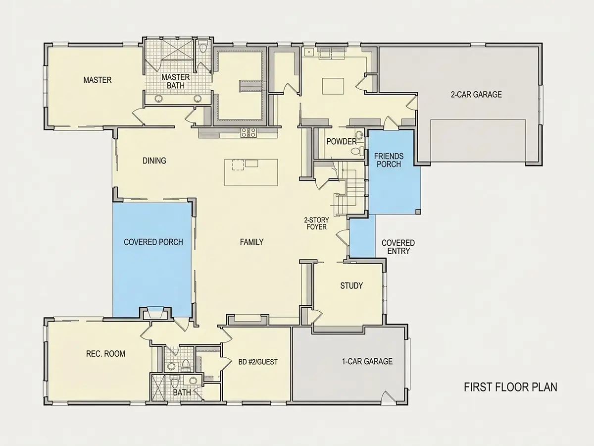 Main Floor 23 – 1.5-Story House Plan 4295 ft²: 5 Beds, Home Office, 5.5 Baths, Open Floor Plan, 3-Car Garage — 33241R