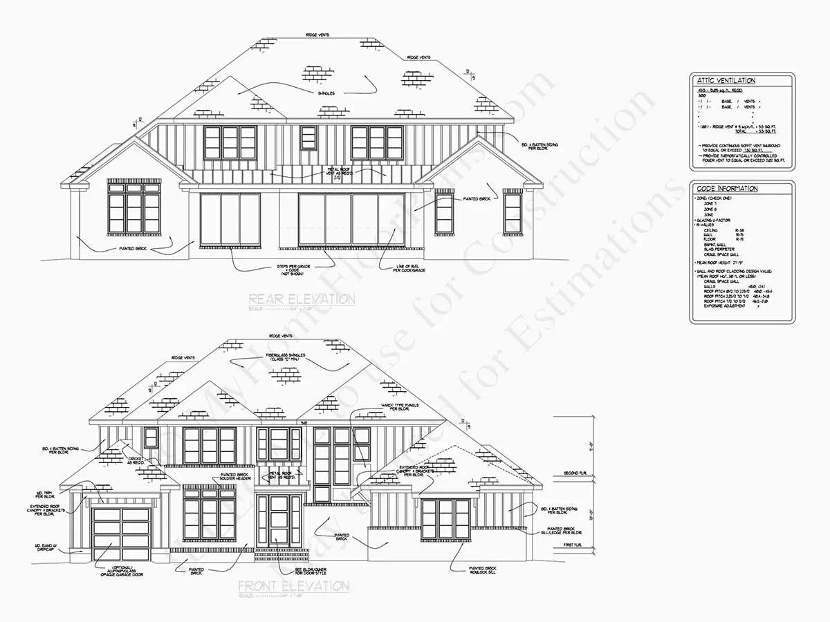 Exterior Elevations 21 – 1.5-Story House Plan 4295 ft²: 5 Beds, Home Office, 5.5 Baths, Open Floor Plan, 3-Car Garage — 33241R