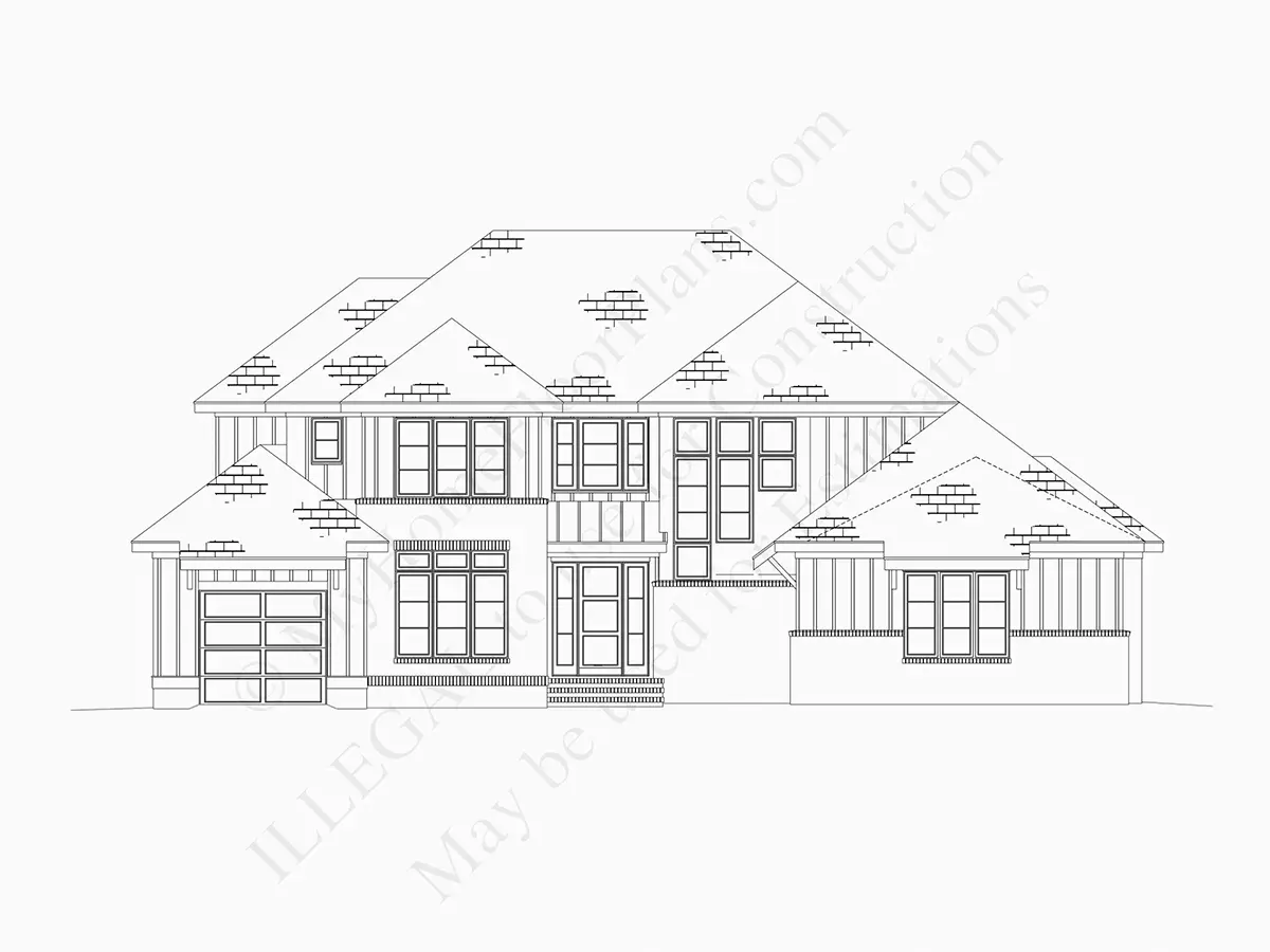 Exterior Elevations 20 – 1.5-Story House Plan 4295 ft²: 5 Beds, Home Office, 5.5 Baths, Open Floor Plan, 3-Car Garage — 33241R